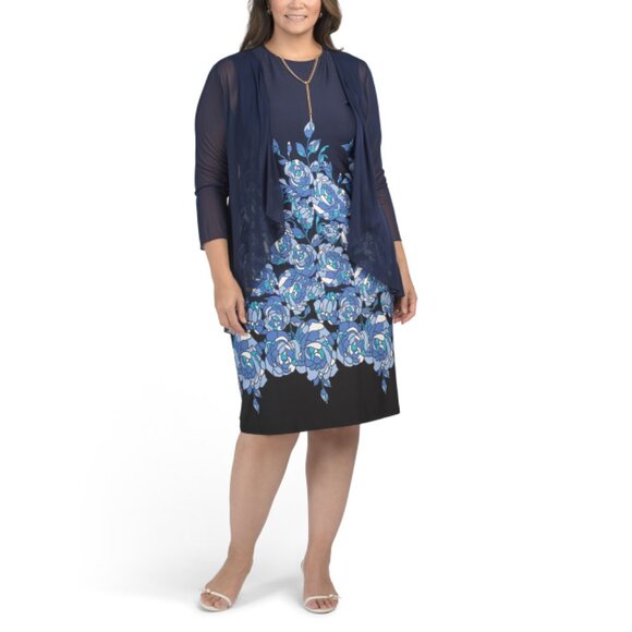 MARINA Navy Multi Floral Printed Jersey Midi Dress With Jacket